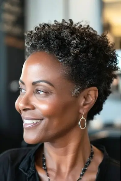 Objemný přirozeně kudrnatý skřítek na ženě po padesátce.