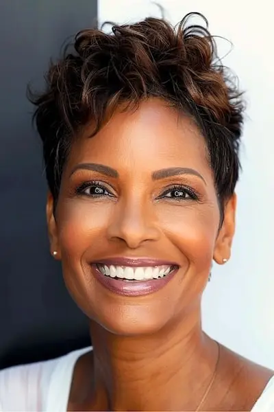 Krátké expresso pixie pro ženy nad 50 let.