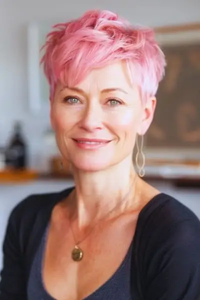 Pastelově růžový skřítek střih na ženě ve věku 50 let.