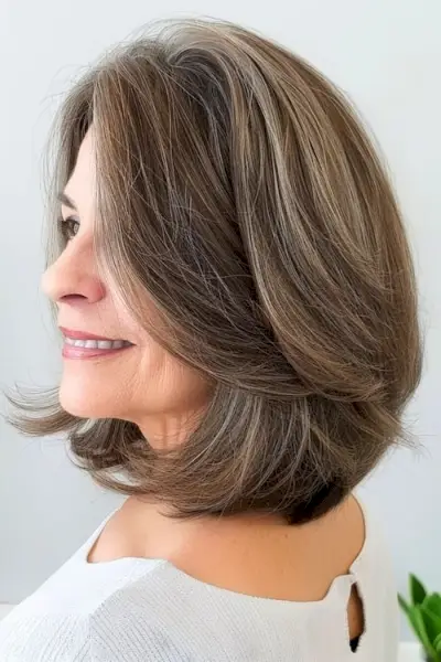 60歳以上の女性のための丸みのあるレイヤードボブのミディアムレングスのヘアスタイル。