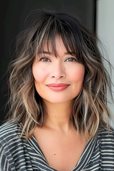 60歳以上の女性のための前髪のあるかすかなハイライトシャグのミディアムレングスのヘアスタイル。