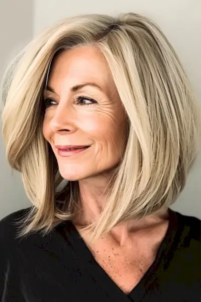 60代以上の女性のためのボリュームのあるロブのミディアムヘアスタイル。