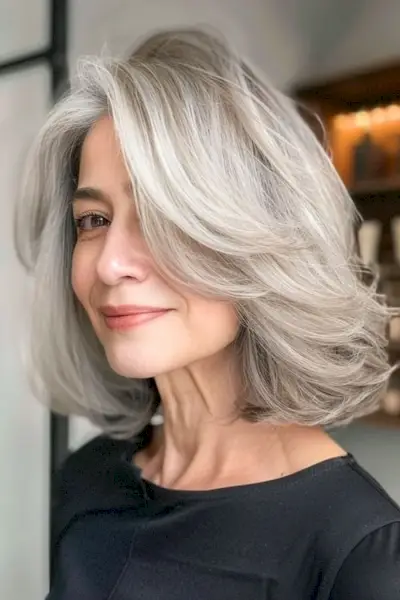 シルバーフェザーのミディアムレングスレイヤー 60歳以上の女性のためのミディアムレングスのヘアスタイル。