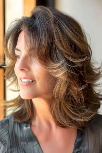 60歳以上の女性のためのレイヤーのあるミディアムレングスのヘアスタイルで、顔を縁取るウェーブのかかったボブ。