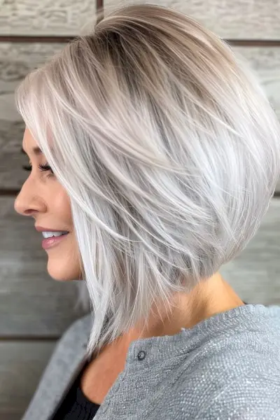 60歳以上の女性向けの、シルバーの斜め肩までの長さのボブのミディアムレングスのヘアスタイル。