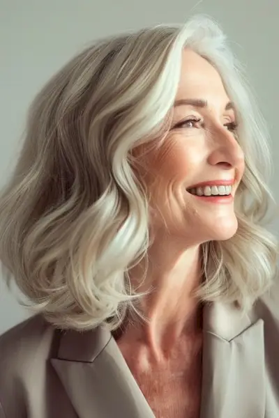 60歳以上の女性のためのウェーブのかかったロングボブのミディアムレングスのヘアスタイル。