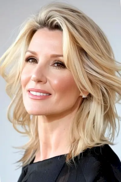 60歳以上の女性のための、サイドパートのミディアムレングスのヘアスタイルを持つテクスチャーレイヤー。