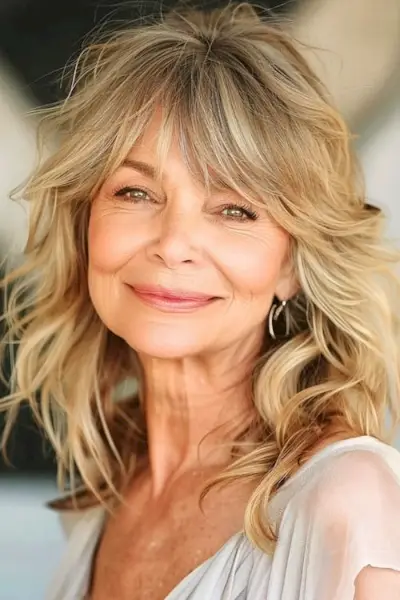 60歳以上の女性のための前髪のあるレイヤードフェザーカットのミディアムレングスのヘアスタイル。