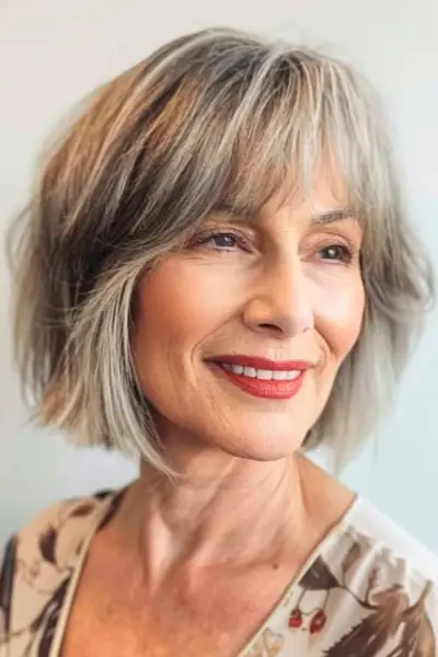 60歳以上の女性のためのレイヤーのあるテクスチャードボブのミディアムレングスのヘアスタイル。