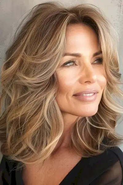 60歳以上の女性のための、肩までの長さのバレイヤージュウェーブミディアムレングスのヘアスタイル。