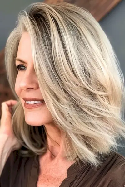 60歳以上の女性のための顔フレーミングレイヤーのミディアムレングスのヘアスタイル。