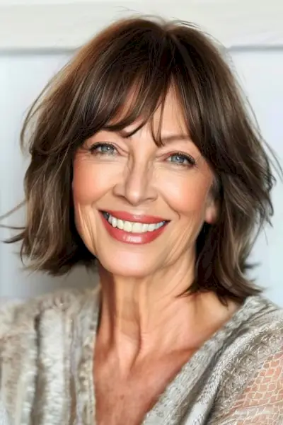 60歳以上の女性のための前髪のあるレイヤードボブのミディアムレングスのヘアスタイル。