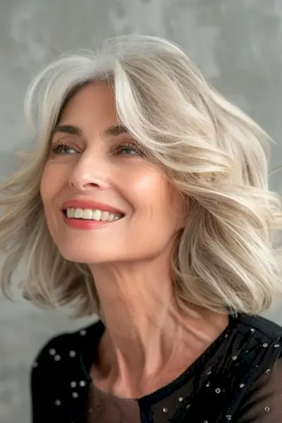 60歳以上の女性のためのカーテン前髪のあるレイヤードシルバーウェーブのミディアムレングスのヘアスタイル。