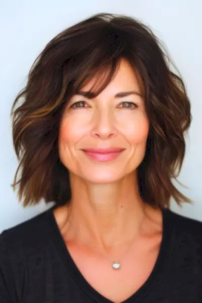 60代の笑顔の女性に、横に流した前髪のあるテクスチャードウェーブ。