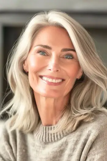 肩までの長さの乱れたカット、サイドパートンの笑顔の 60 代女性。