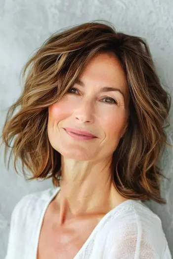 60代の笑顔の女性の乱れた波状ロブ。