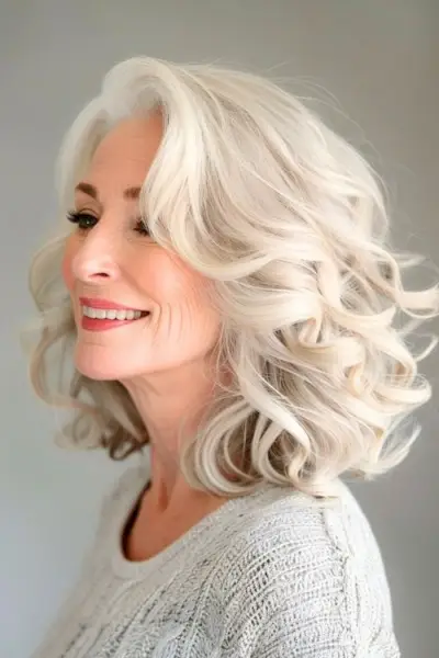 60歳以上の女性のためのシルバーのミディアムレングスのウェーブのかかったボブのミディアムレングスのヘアスタイル。