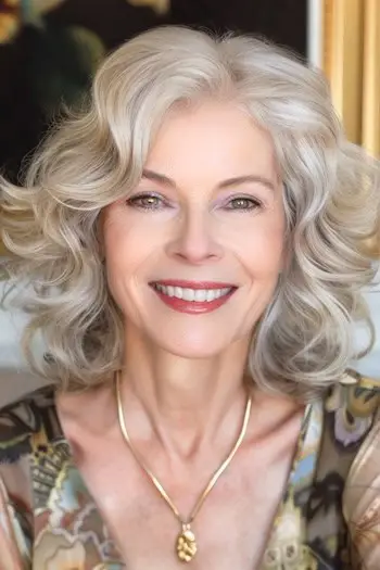 笑顔の60代女性にミディアムレングスのレイヤードウェーブ。