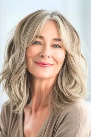 60代の笑顔の女性の乱れたミディアムレングスの波。