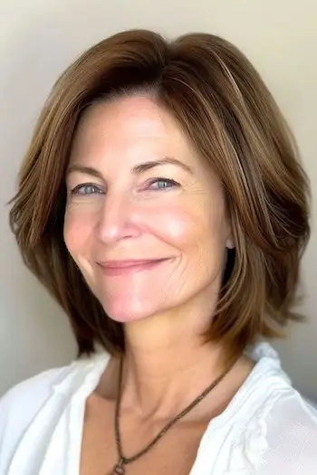 60代の笑顔の女性に顔フレーミングレイヤーを施したロングボブ。