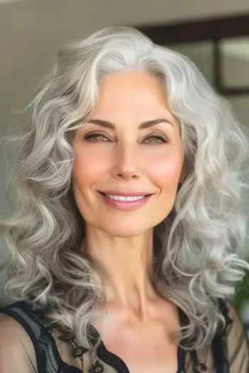 60代の笑顔の女性にシルバーのカール。