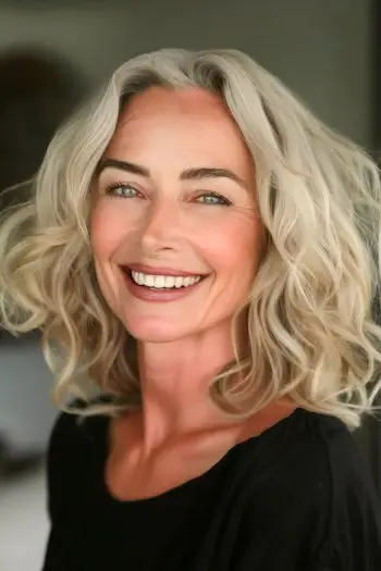 60代の笑顔の女性に波が乱れるビーチ。