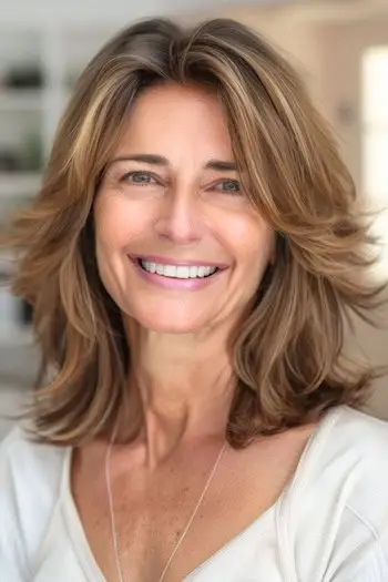 60代の笑顔の女性に、サイドバングをひっくり返したテクスチャーのあるストレートレイヤー。