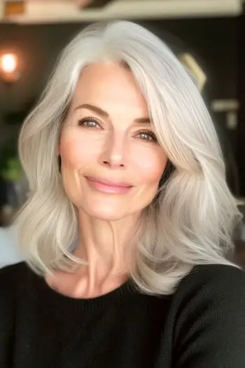 笑顔の60代女性に優しく重ねられた波。