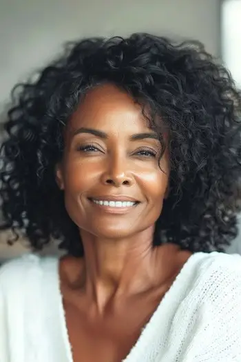 笑顔の60代女性のボリュームのあるカール。