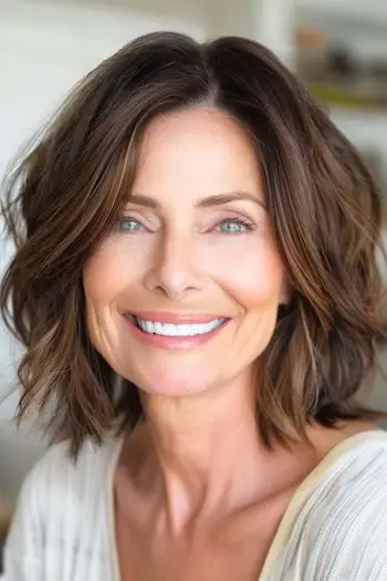 60代の笑顔の女性にチョッピーウェーブボブ。