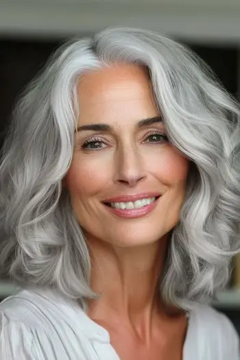 60代の笑顔の女性に銀の波。