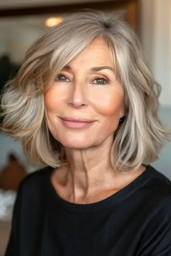 60代の笑顔の女性の、横に流した前髪のある乱れたロブ。