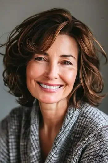 60代の笑顔の女性に、乱れたレイヤードロングボブ。