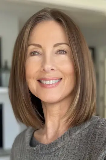 茶色の髪の 60 代の笑顔の女性のストレート ロブ。