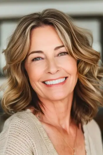 60代の笑顔の女性の波状の強調表示されたロブ。