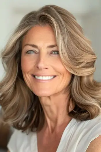 笑顔の 60 代女性に肩までの長さのゆったりとした波。