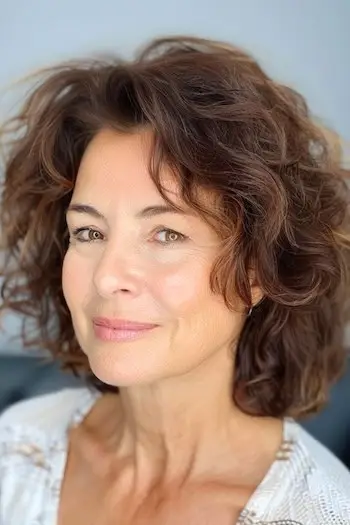 笑顔の60代女性にゆるいカーリーレイヤー。