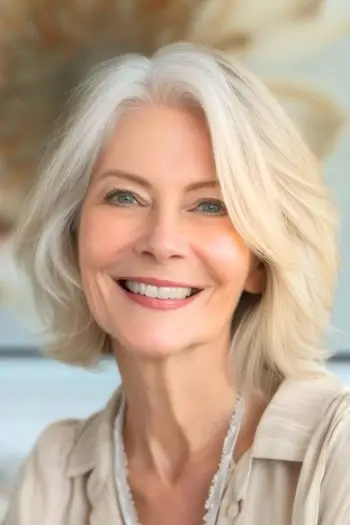 60代の笑顔の女性に金髪のボブ。