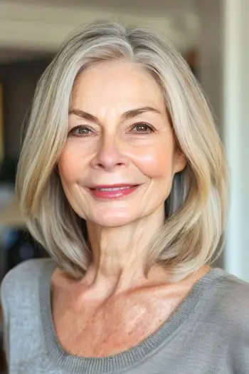 60代の笑顔の女性の肩までの長さのロブ。