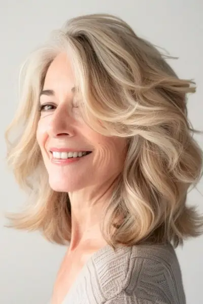60歳以上の女性向けの、肩までの長さの柔らかいブロンドのウェーブのあるミディアムレングスのヘアスタイル。