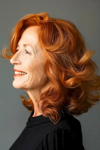 コッパーレッドのミディアムレングスカールは、60歳以上の女性のためのミディアムレングスのヘアスタイルです。