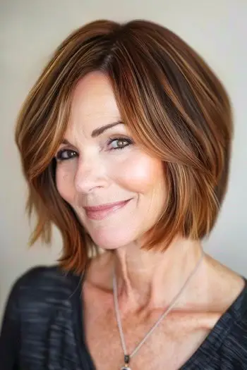 Corte de pelo Bob que enmarca el rostro de una mujer de unos 50 años con cabello fino.