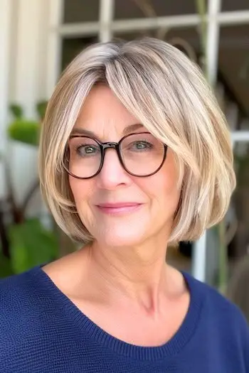 Peinado Bob rubio entrecortado en una mujer de unos 50 años con cabello fino.