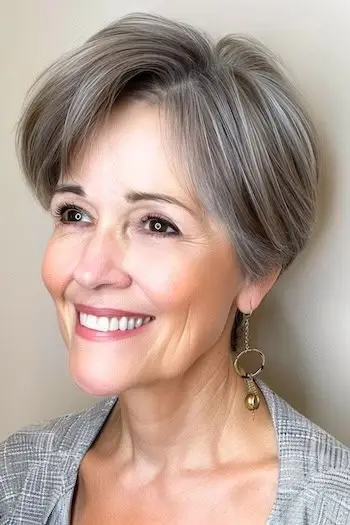 Corte de pelo largo Pixie para una mujer de unos 50 años con cabello fino.