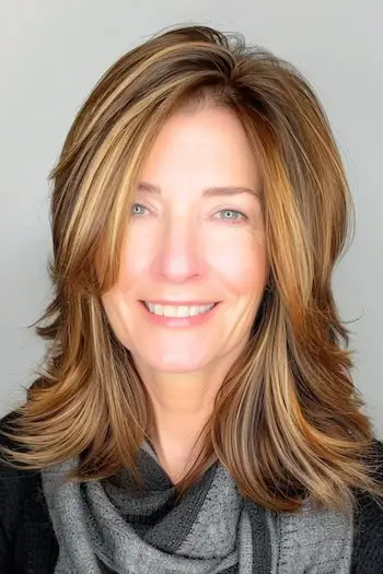 Capas de longitud media con peinado de reflejos en una mujer de unos 50 años con cabello fino.