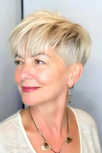 Pixie con peinado recortado en una mujer de unos 50 años con cabello fino.