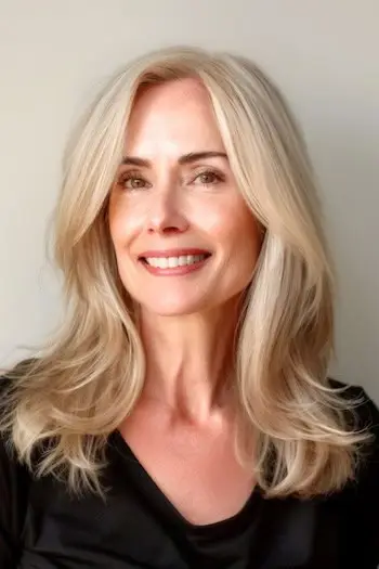 Capas largas con peinado de puntas volteadas en una mujer de unos 50 años con cabello fino.