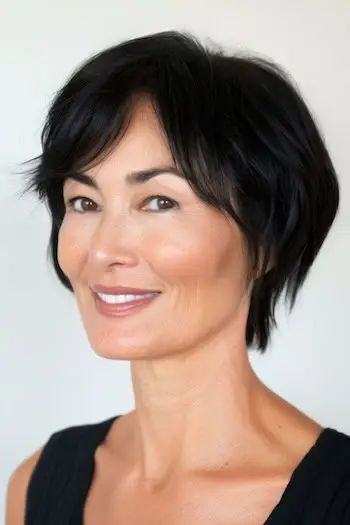 Peinado Pixie cónico en una mujer de unos 50 años con cabello fino.