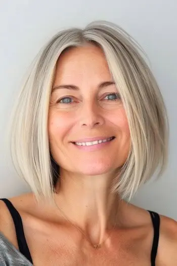 Peinado Blunt Bob para una mujer de unos 50 años con cabello fino.