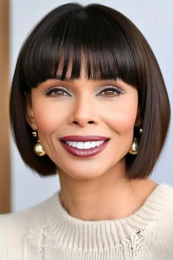 Bob corto y elegante con peinado con flequillo en una mujer de unos 50 años con cabello fino.